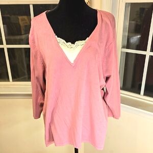 Notations Woman Sweater Size 2X Pink &‎ Beige With Subtle Sparkle Lace At Neck